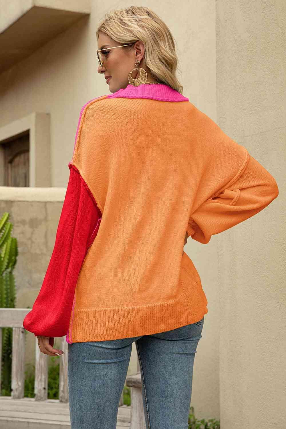 Color Block Dropped Shoulder Sweater - MXSTUDIO.COM