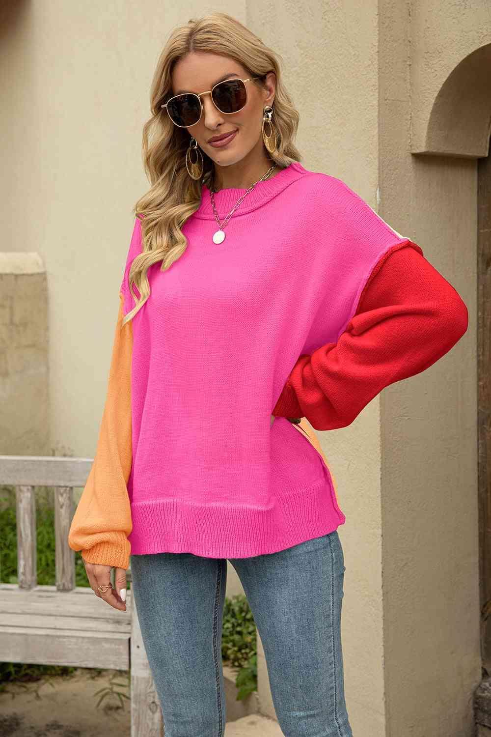 Color Block Dropped Shoulder Sweater - MXSTUDIO.COM