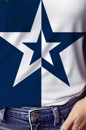 a woman wearing a white shirt with a blue star on it