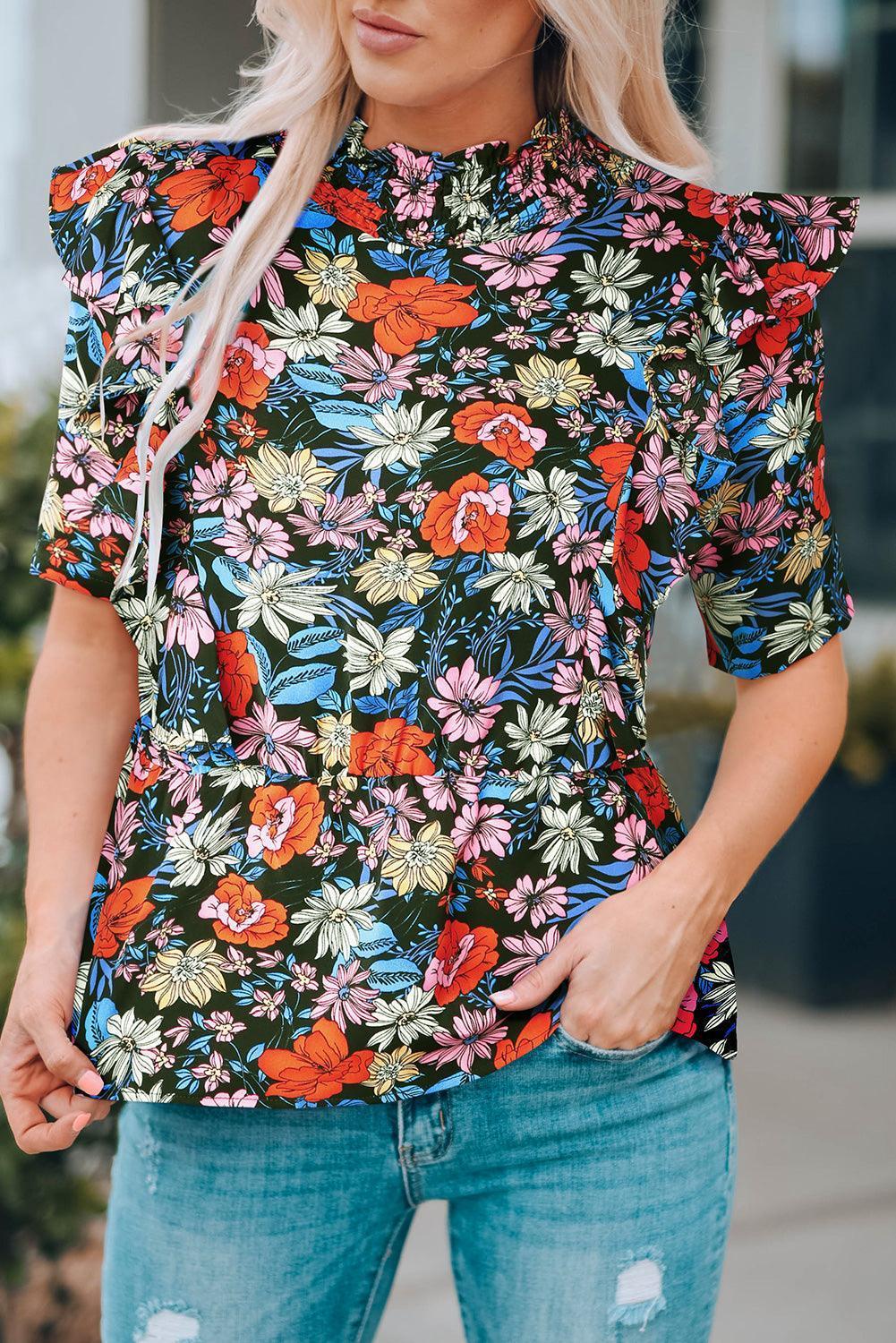 Colorful Floral Ruffle Shoulder Mock Neck Blouse - MXSTUDIO.COM