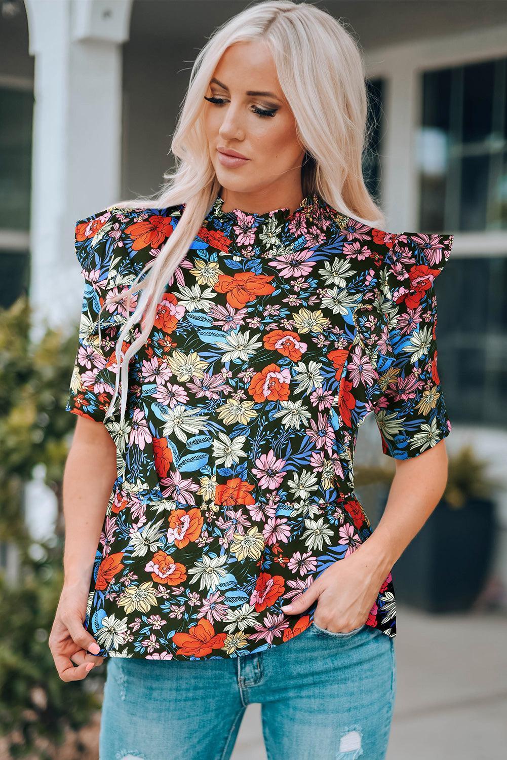 Colorful Floral Ruffle Shoulder Mock Neck Blouse - MXSTUDIO.COM