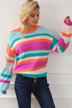 Colorful Knitted Striped Crew Neck Sweater-MXSTUDIO.COM