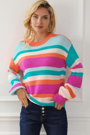 Colorful Knitted Striped Crew Neck Sweater-MXSTUDIO.COM