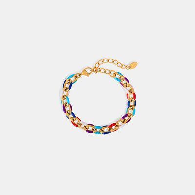 a multicolored bracelet with a gold chain