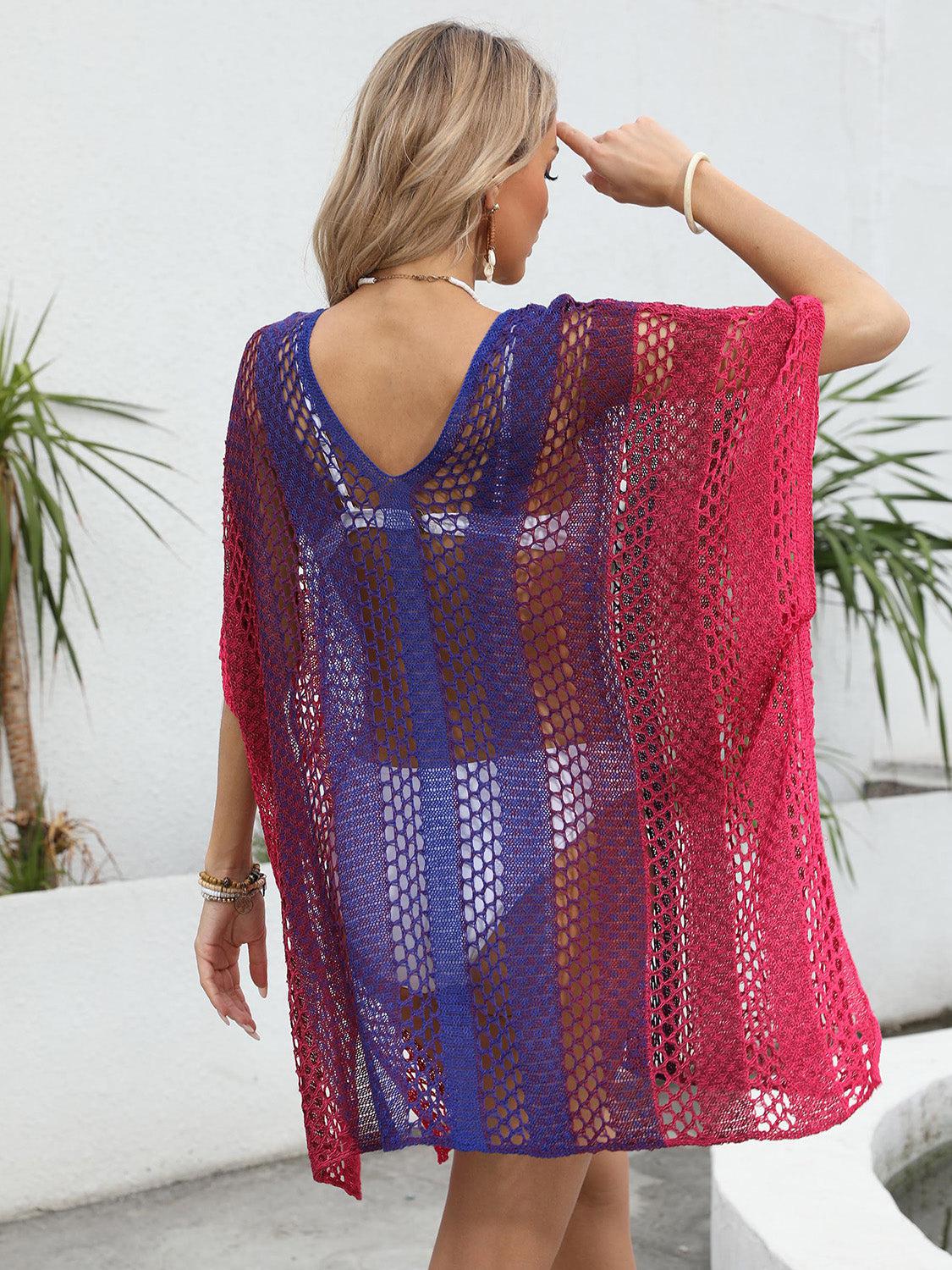 a woman wearing a red and blue crochet shawl