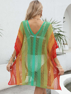 a woman wearing a colorful crochet cover up