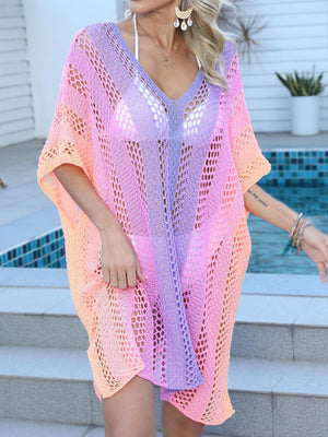 a woman wearing a pink and purple crochet cover up