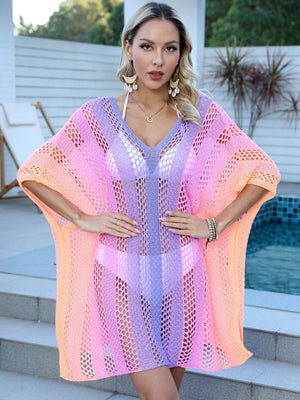 a woman standing in front of a pool wearing a pink and purple crochet