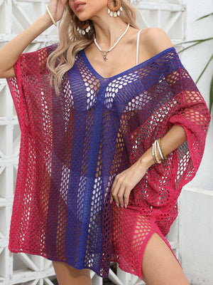 a woman wearing a red and blue cover up