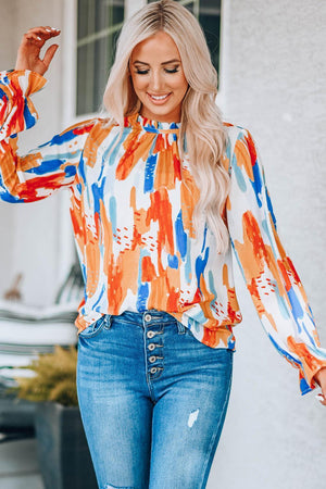 Colorful Paint Print Long Sleeve Blouse - MXSTUDIO.COM