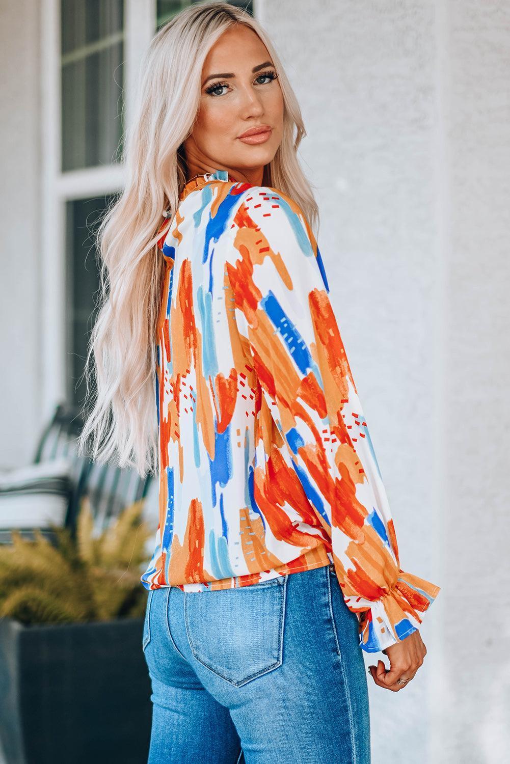 Colorful Paint Print Long Sleeve Blouse - MXSTUDIO.COM