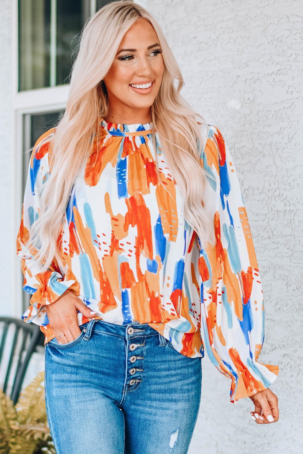 Colorful Paint Print Long Sleeve Blouse - MXSTUDIO.COM