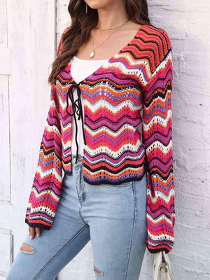 Colorful Tie Front Open Knit Chevron Cardigan - MXSTUDIO.COM