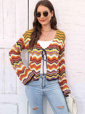 Colorful Tie Front Open Knit Chevron Cardigan - MXSTUDIO.COM