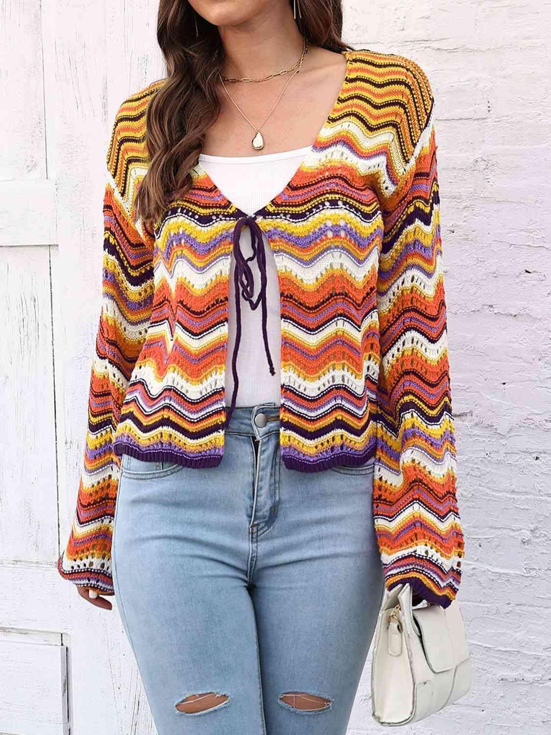 Colorful Tie Front Open Knit Chevron Cardigan - MXSTUDIO.COM