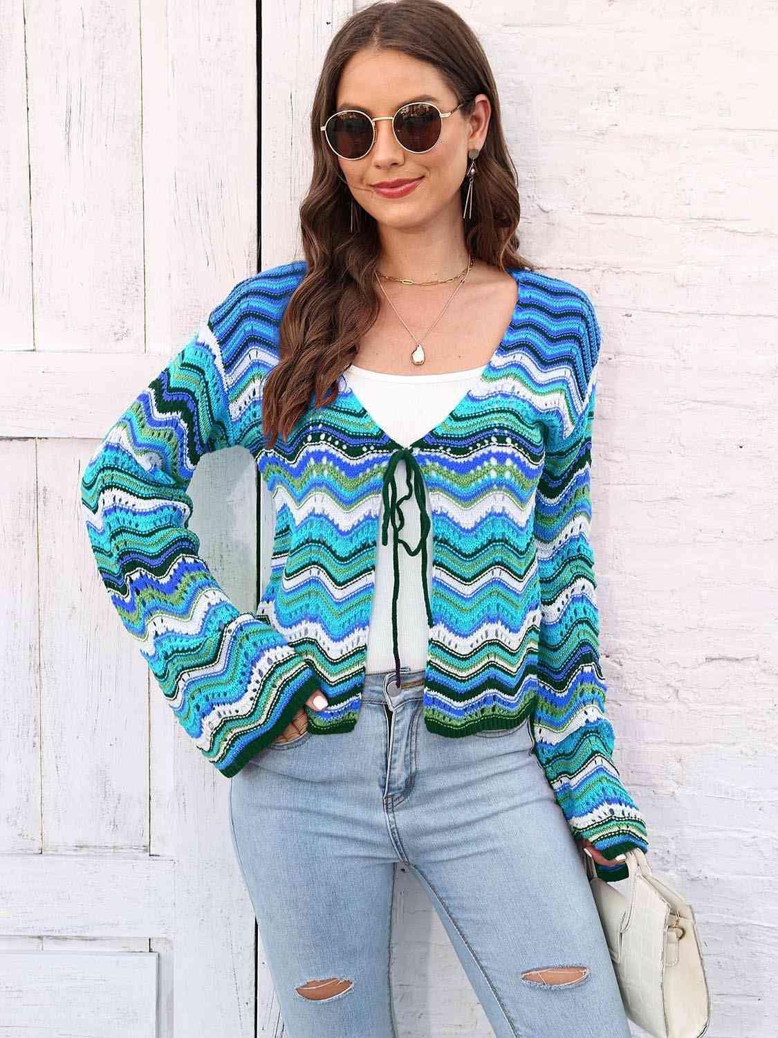 Colorful Tie Front Open Knit Chevron Cardigan - MXSTUDIO.COM