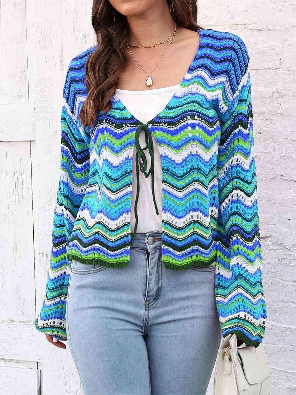 Colorful Tie Front Open Knit Chevron Cardigan - MXSTUDIO.COM