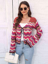 Colorful Tie Front Open Knit Chevron Cardigan - MXSTUDIO.COM