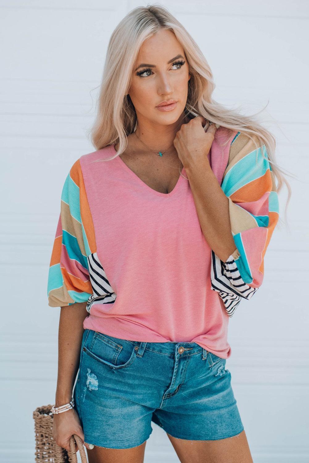 Colorful Vacation V-Neck Dolman Sleeve Top - MXSTUDIO.COM