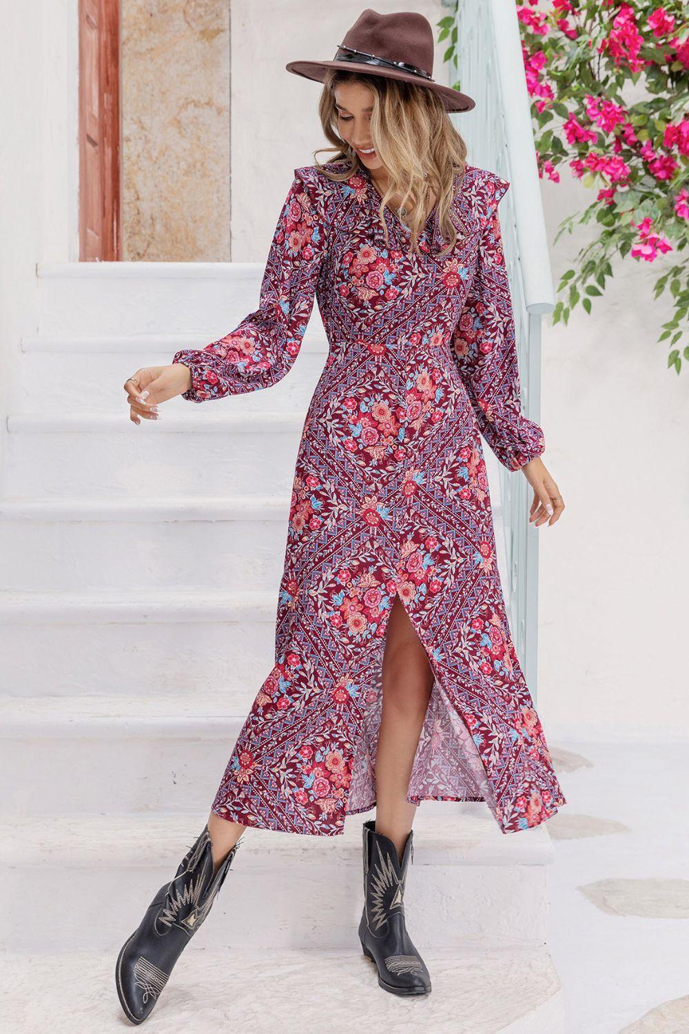 Comfortable And Pretty Long Sleeve Floral Midi Dress - MXSTUDIO.COM