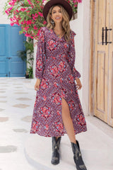 Comfortable And Pretty Long Sleeve Floral Midi Dress - MXSTUDIO.COM