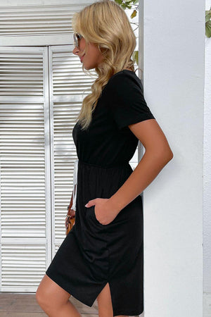 Comfortable Black Drawstring Slit Dress - MXSTUDIO.COM