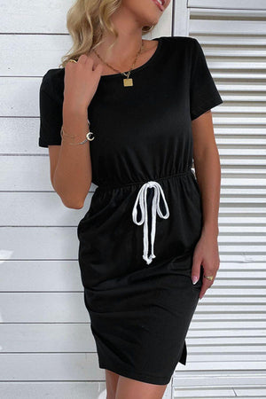 Comfortable Black Drawstring Slit Dress - MXSTUDIO.COM