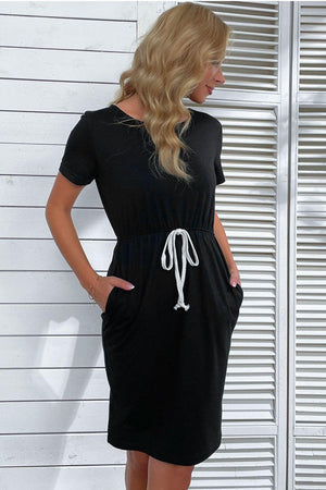 Comfortable Black Drawstring Slit Dress - MXSTUDIO.COM