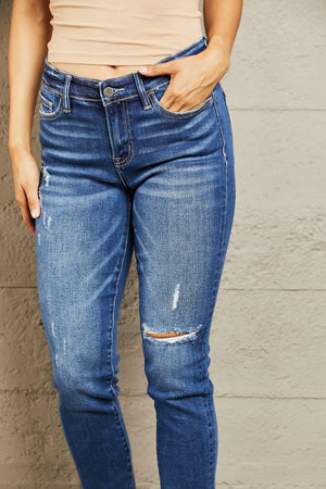 Comfortable Fit Stretch Distressed Cropped Jeans - MXSTUDIO.COM