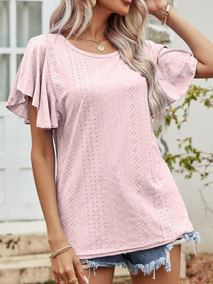 Comfortable Round Neck Flutter Sleeve Blouse - MXSTUDIO.COM