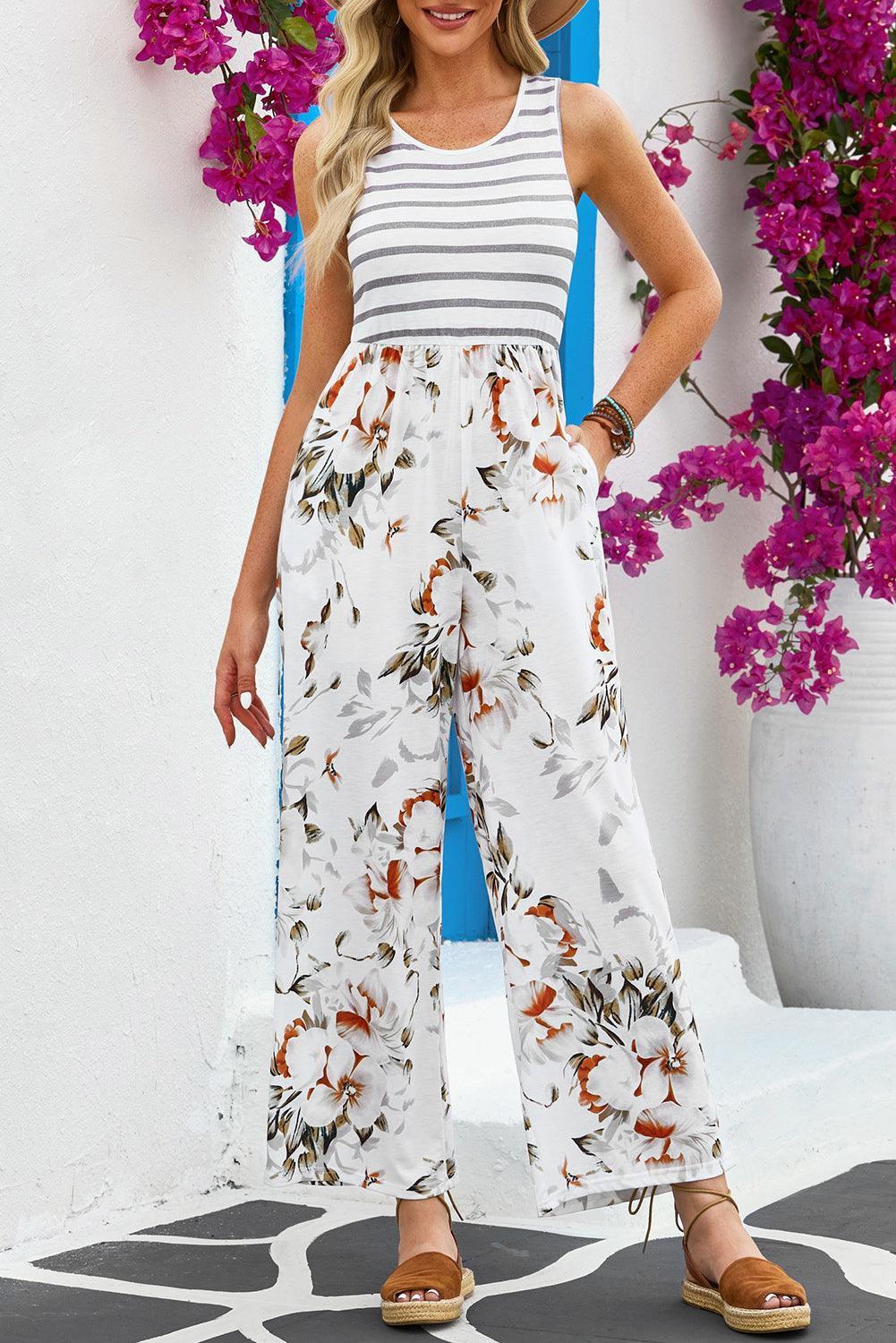 Comfortable Wide Leg Floral Jumpsuit - MXSTUDIO.COM