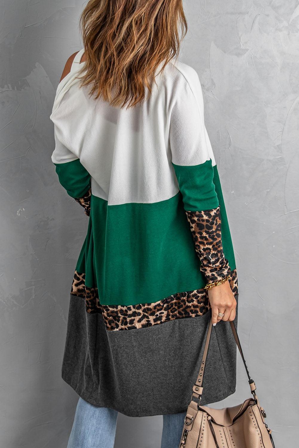 Comforting Leopard Color Block Open Front Longline Cardigan - MXSTUDIO.COM