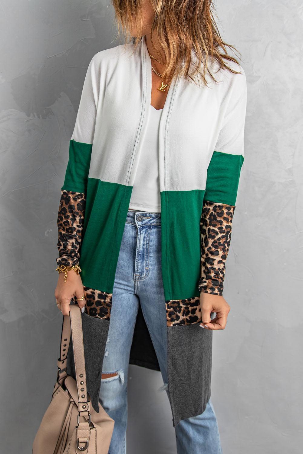 Comforting Leopard Color Block Open Front Longline Cardigan - MXSTUDIO.COM