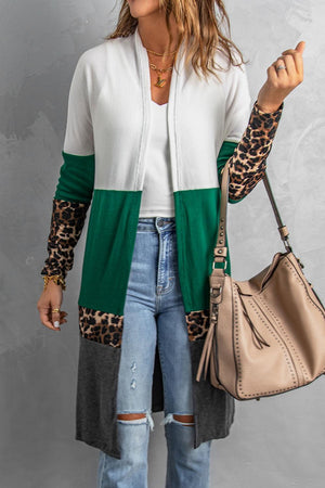 Comforting Leopard Color Block Open Front Longline Cardigan - MXSTUDIO.COM