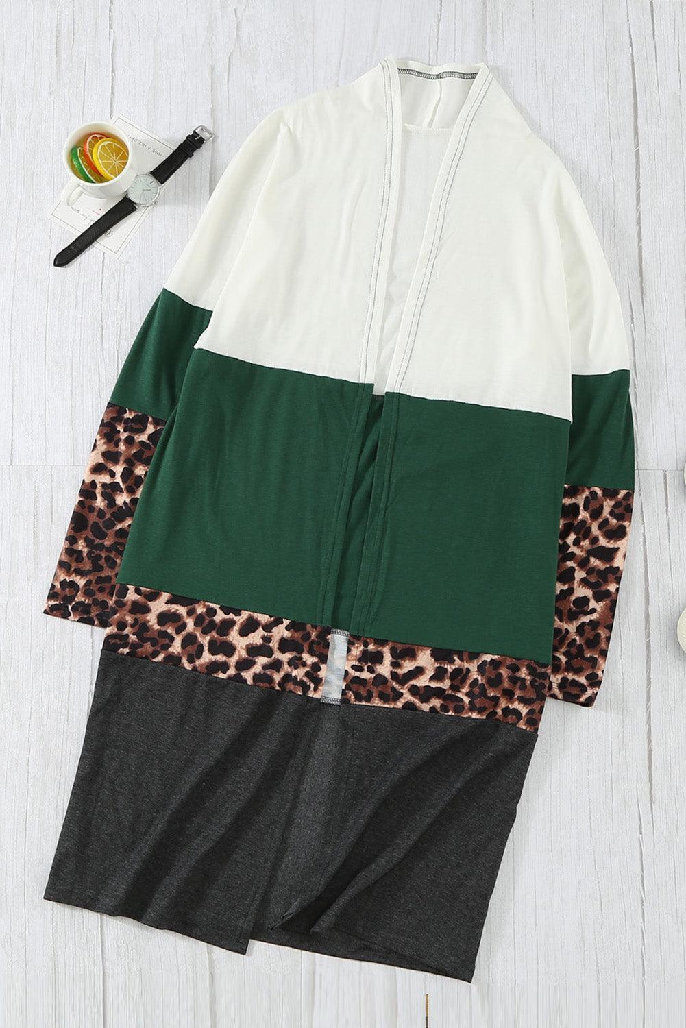 Comforting Leopard Color Block Open Front Longline Cardigan - MXSTUDIO.COM