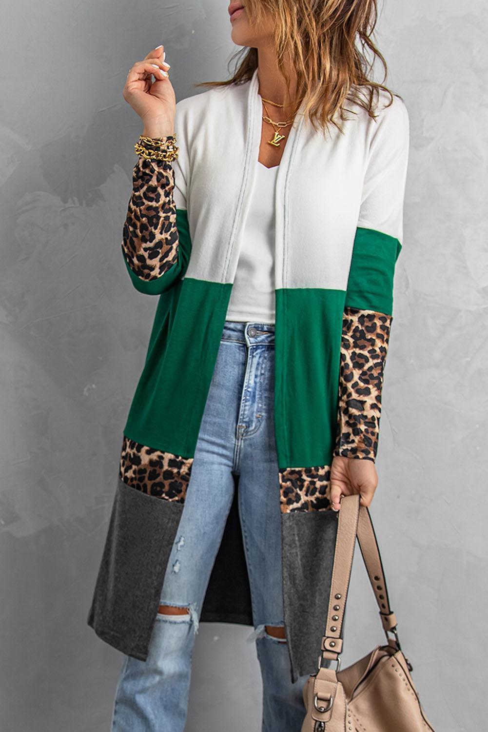 Comforting Leopard Color Block Open Front Longline Cardigan - MXSTUDIO.COM