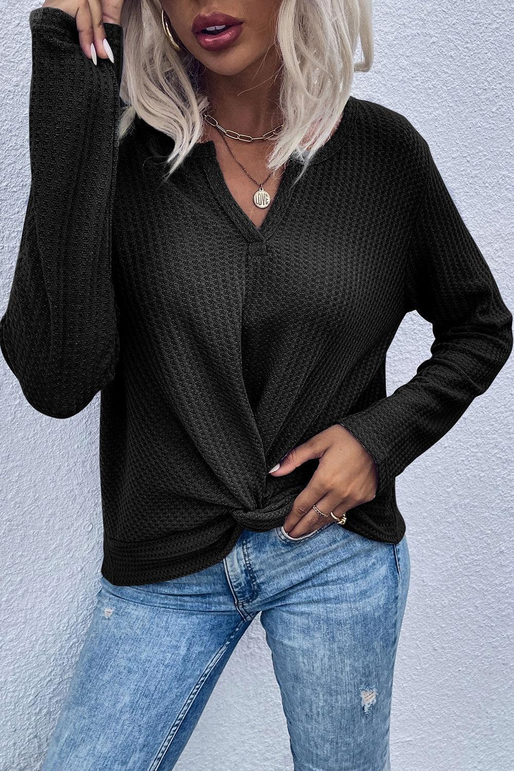 Comforting Waffle Knit Long Sleeve Top - MXSTUDIO.COM