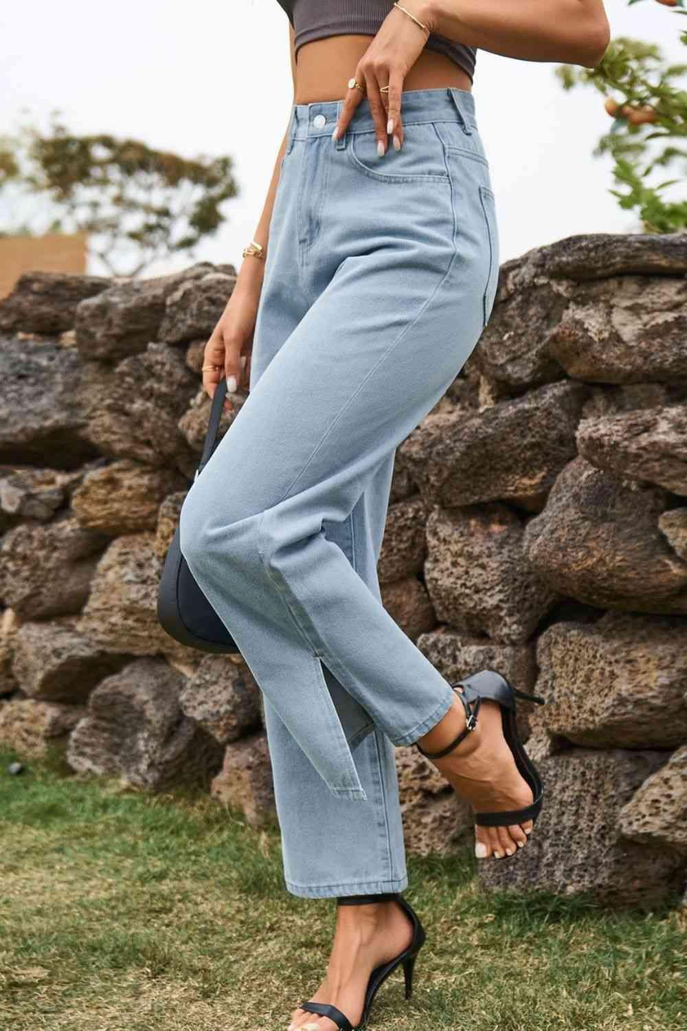 Comfy All Day High Waist Loose Fit Ankle Slit Jeans - MXSTUDIO.COM