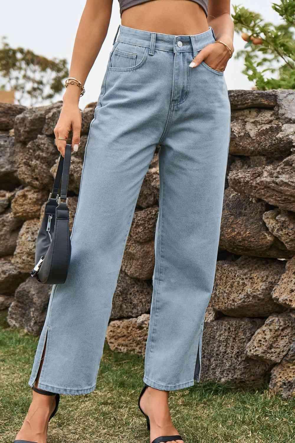 Comfy All Day High Waist Loose Fit Ankle Slit Jeans - MXSTUDIO.COM