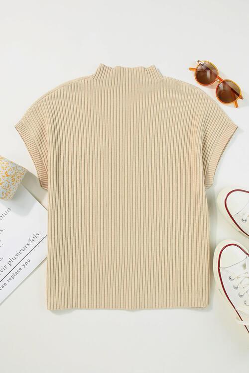 Comfy All Day Ribbed Knit Short Sleeve Mock Neck Top-MXSTUDIO.COM