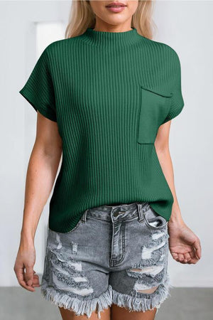 Comfy All Day Ribbed Knit Short Sleeve Mock Neck Top-MXSTUDIO.COM