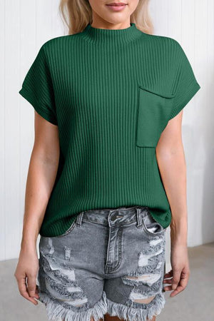 Comfy All Day Ribbed Knit Short Sleeve Mock Neck Top-MXSTUDIO.COM