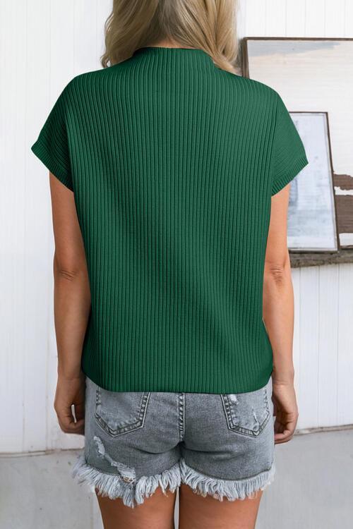 Comfy All Day Ribbed Knit Short Sleeve Mock Neck Top-MXSTUDIO.COM