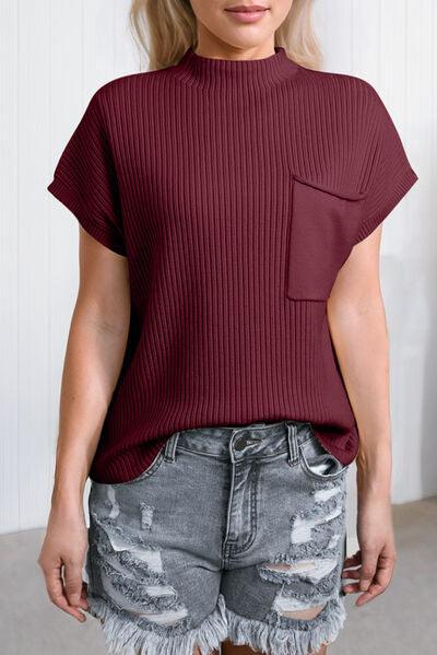 Comfy All Day Ribbed Knit Short Sleeve Mock Neck Top-MXSTUDIO.COM