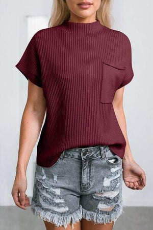 Comfy All Day Ribbed Knit Short Sleeve Mock Neck Top-MXSTUDIO.COM