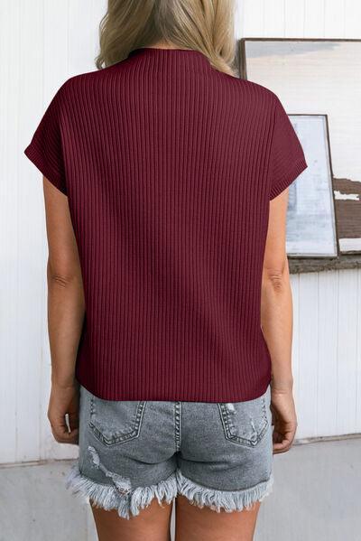 Comfy All Day Ribbed Knit Short Sleeve Mock Neck Top-MXSTUDIO.COM