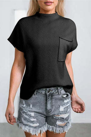 Comfy All Day Ribbed Knit Short Sleeve Mock Neck Top-MXSTUDIO.COM