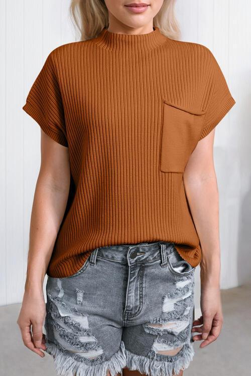 Comfy All Day Ribbed Knit Short Sleeve Mock Neck Top-MXSTUDIO.COM