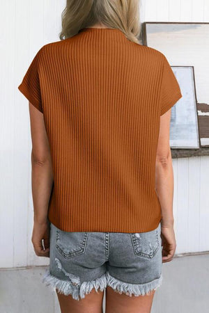 Comfy All Day Ribbed Knit Short Sleeve Mock Neck Top-MXSTUDIO.COM