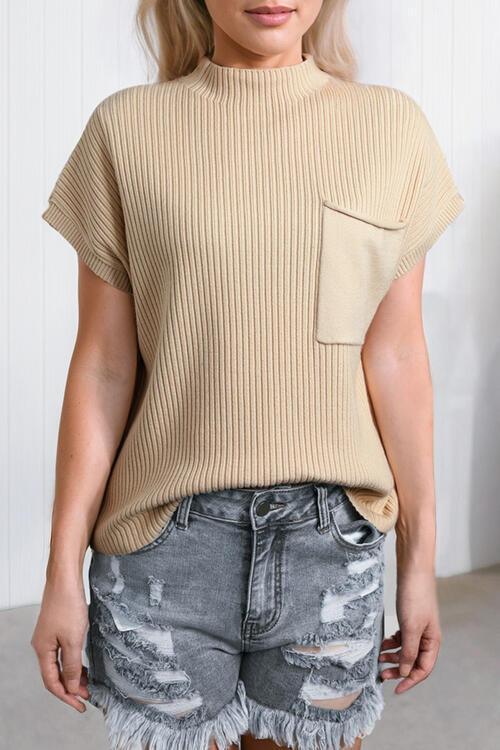 Comfy All Day Ribbed Knit Short Sleeve Mock Neck Top-MXSTUDIO.COM